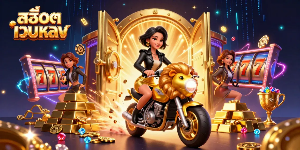 Experience สล็อตเว็บตรง magic with a glamorous woman riding a golden lion surrounded by casino treasures.