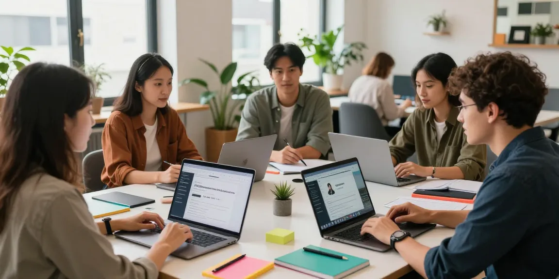 Self-employed professionals collaborating in a vibrant co-working space, showcasing Alltogether Plus profiles.