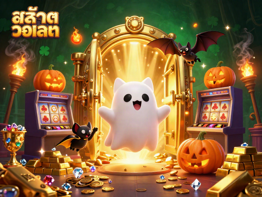 Engage with สล็อตวอเลท in a vibrant haunted casino scene filled with treasure and playful characters.