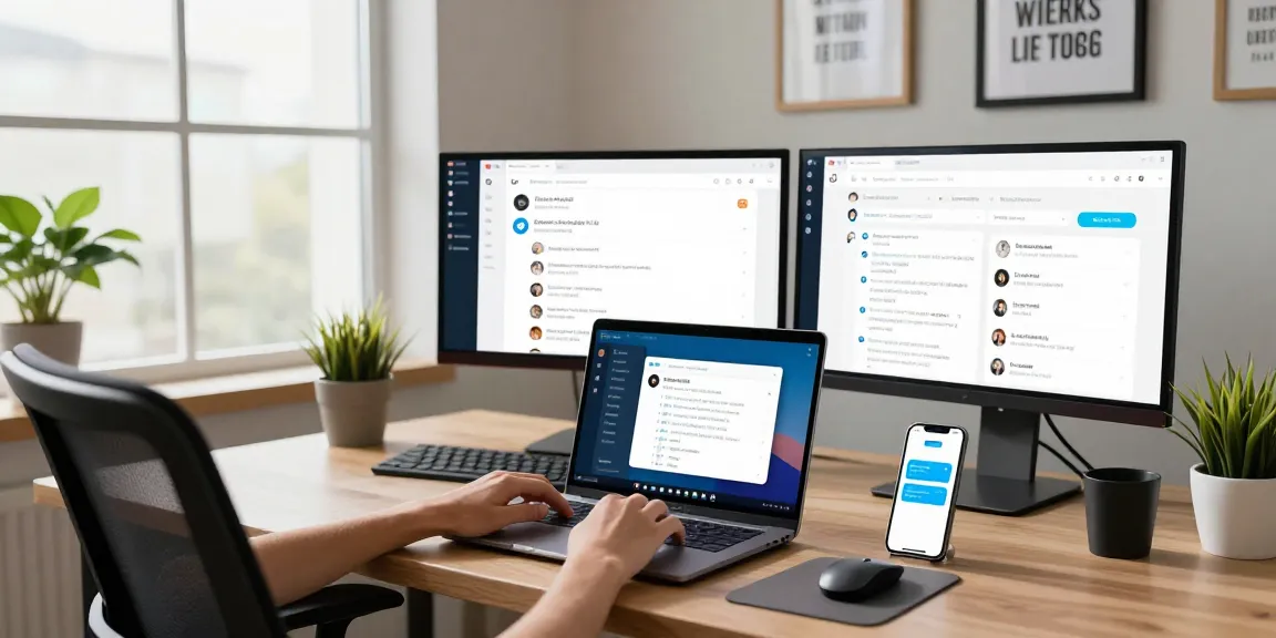 Engaging workspace showcasing telegram官网 features with Telegram app on laptop and smartphone notifications