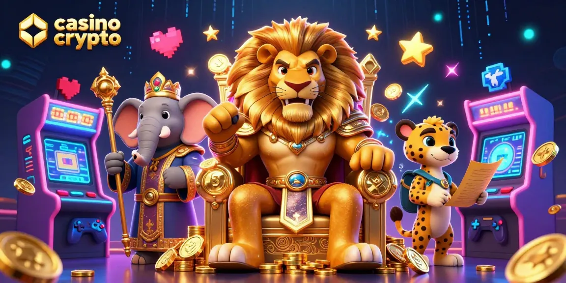 Scopri il mondo del casino crypto con il re dei leoni su un trono di monete d'oro.