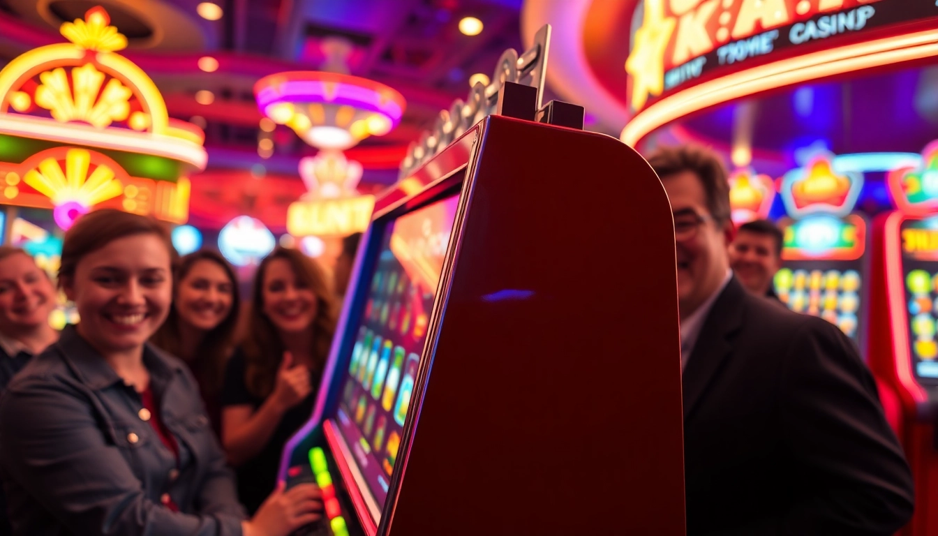 Erleben Sie den neuen casino bonus ohne einzahlung an einem aufregenden Spielautomaten mit leuchtenden Lichtern.