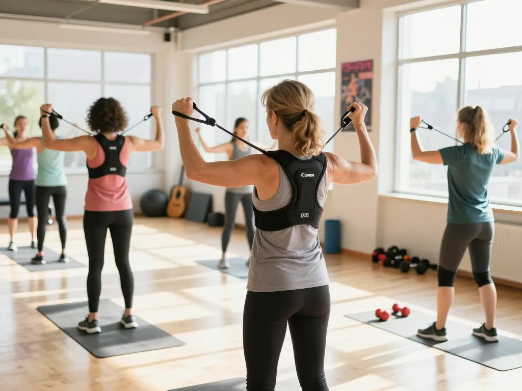 Woman exercising with the best double shoulder support brace in a bright fitness studio.