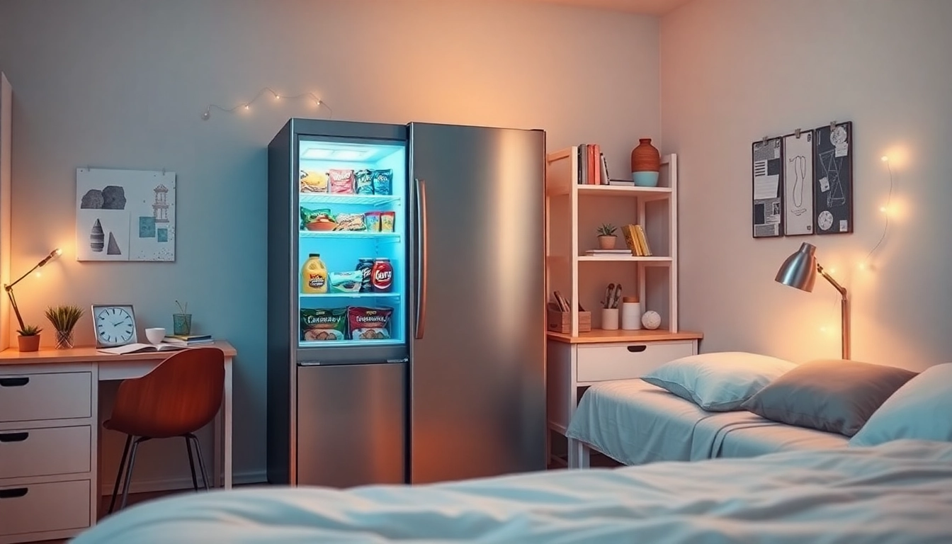 Stylish dorm room fridge in a cozy setting, showcasing snacks and drinks for students.