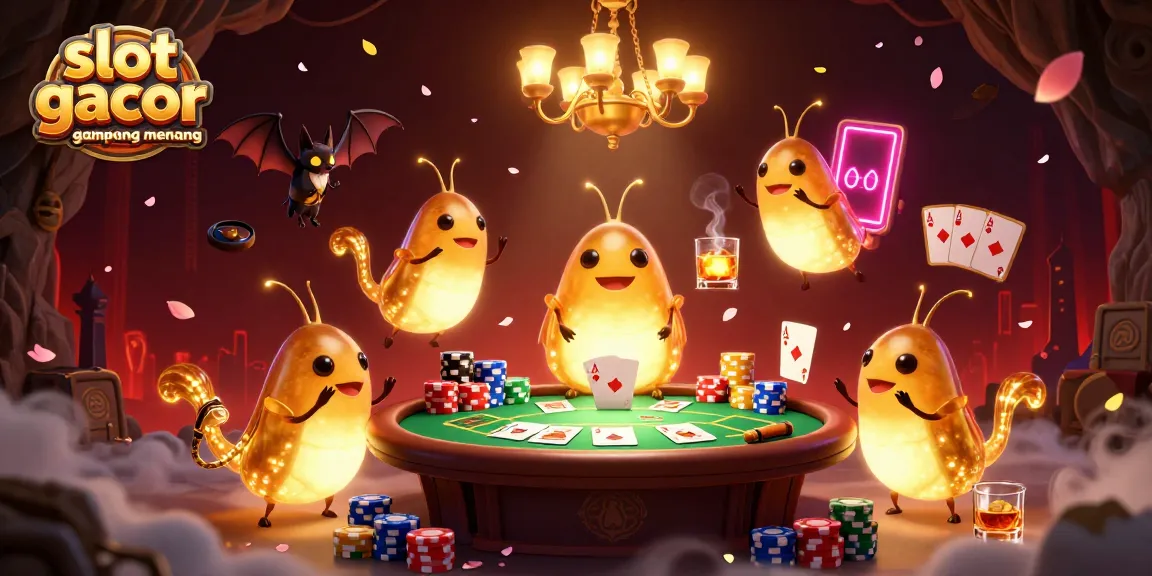 Slot gacor gampang menang, ilustrasi animasi 3D tim cacing bercahaya di kasino