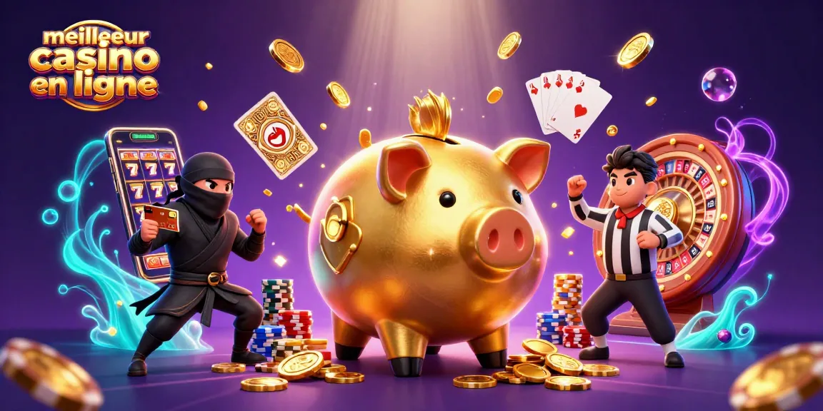 Gagnez de l'argent au meilleur casino en ligne avec une illustration dynamique de jeux et personnages.