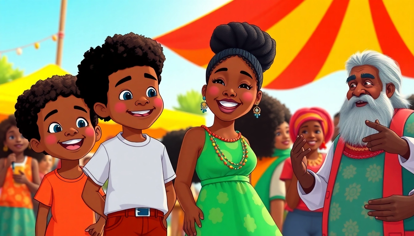 A lively outdoor festival scene featuring diverse African American Cartoons characters celebrating community and culture.