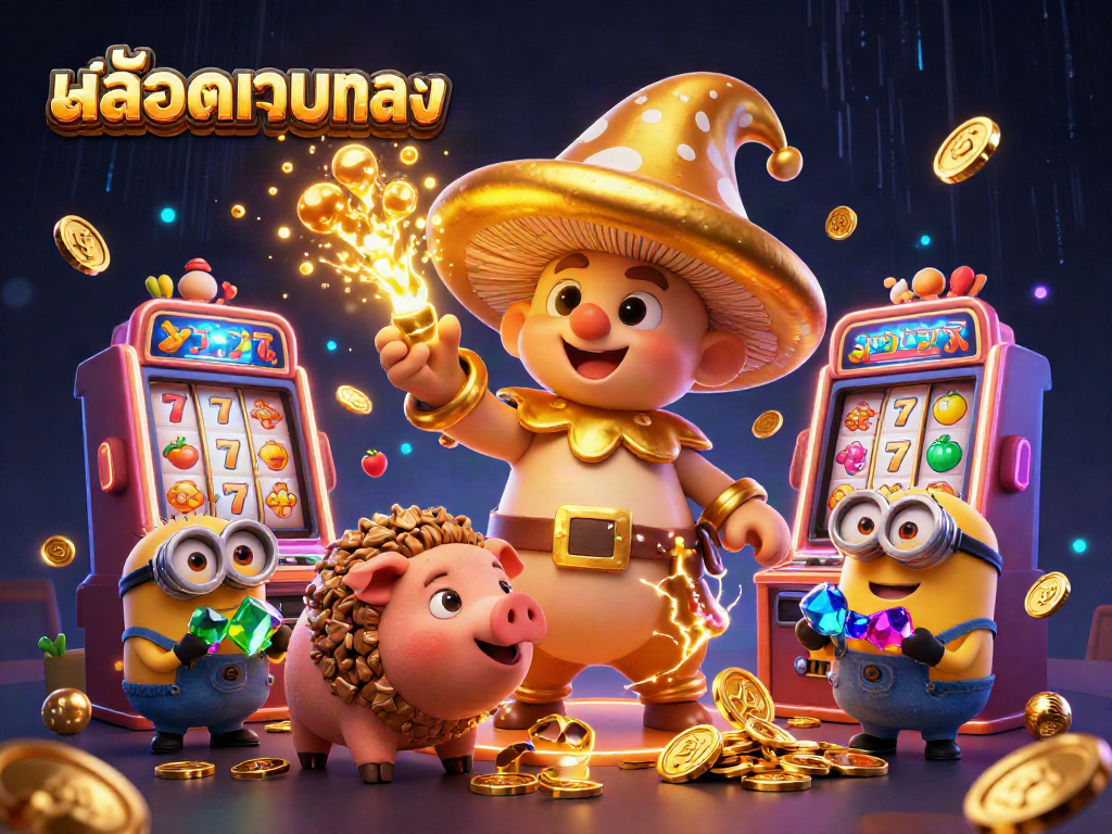 Engage with สล็อตเว็บตรง through a vibrant 3D scene featuring magical characters and slot machines.