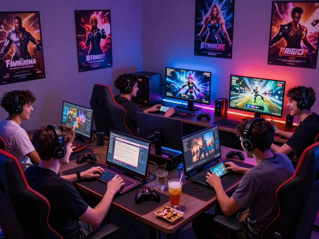 Engaged players enjoying interactive porno games on multiple devices in a lively gaming room.