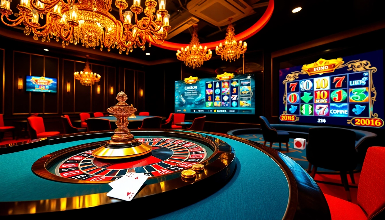 Découvrez l'excitation du casino en ligne Français 2026 avec une configuration de jeu en ligne luxueuse comprenant une table de roulette et des jetons de poker.