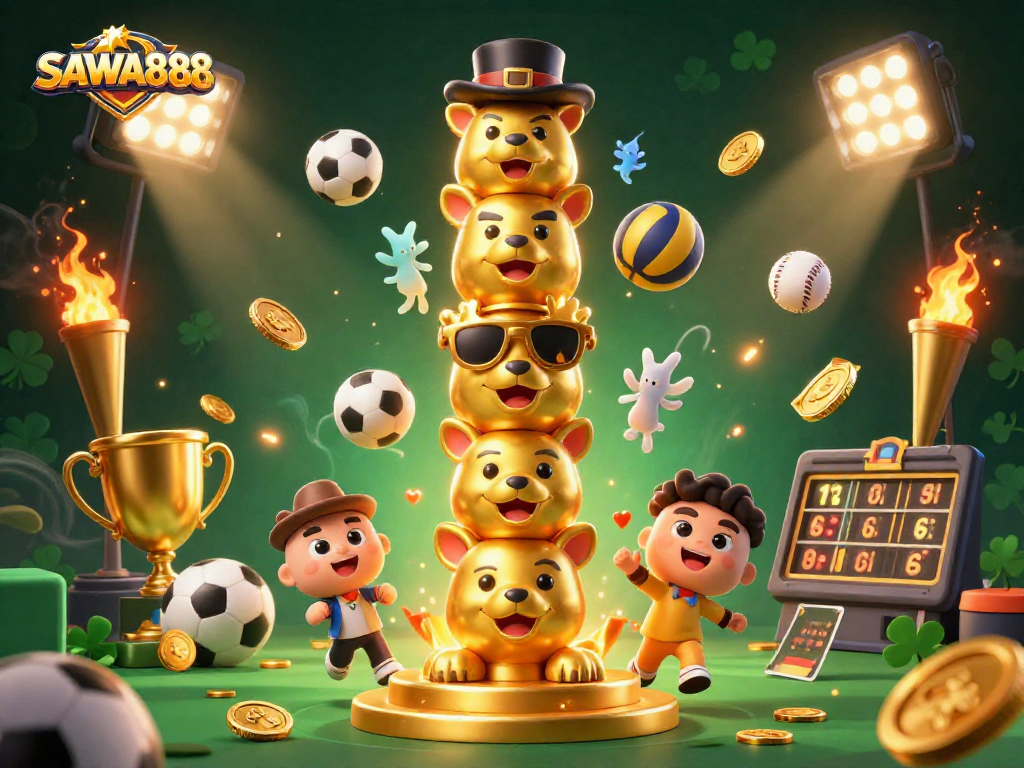 Experience thrilling gameplay at SAWA888 with a vibrant 3D casino illustration showcasing dynamic sports elements and engaging imagery.