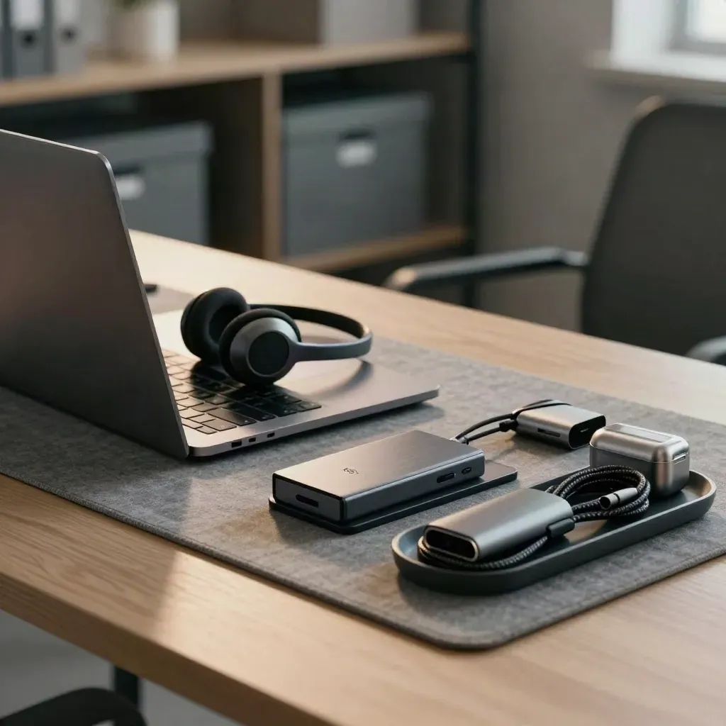 Closed laptop, headset, keyboard and charging dock on a gray dawn office desk