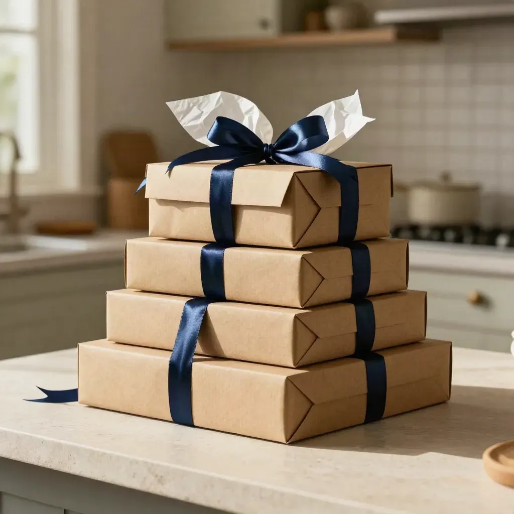 Kraft gift boxes and navy ribbon on a kitchen island, freshly sorted in bright daylight.