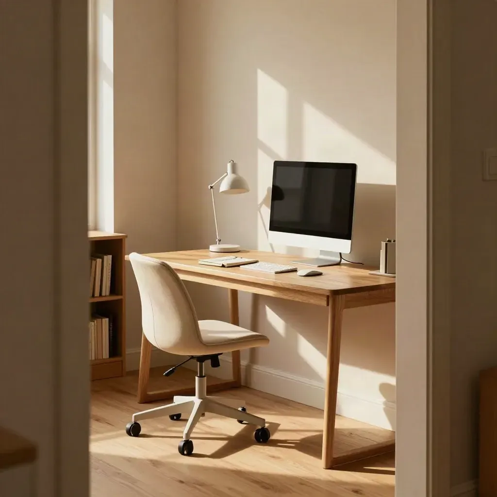 Sunlit home office nook with a cream ergonomic chair, task lamp, notebook, and angled monitor.