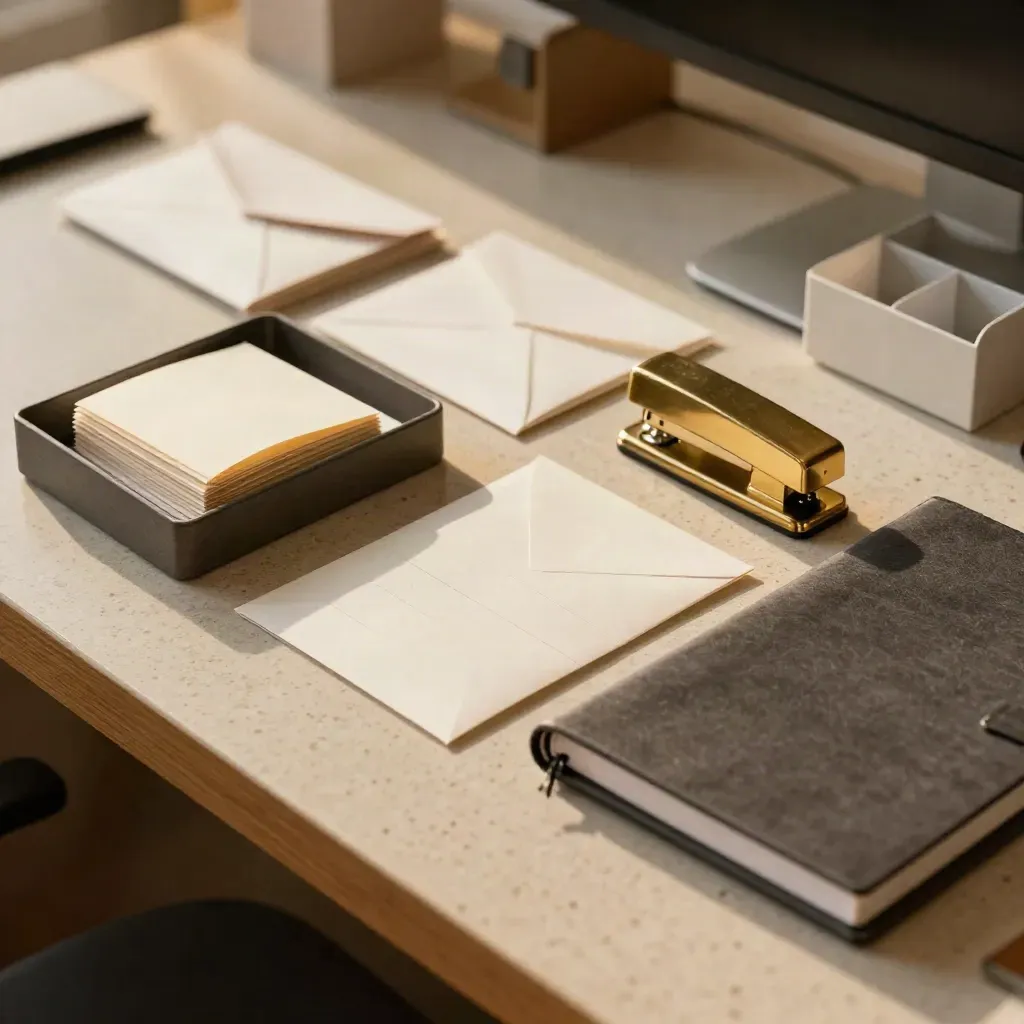 Brass stapler, receipt tray, envelopes, ledger notebook and organizer on travertine.