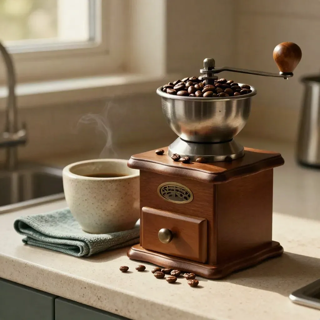 Matte coffee grinder with beans, stone cup and folded towel on a pale kitchen counter, late-afternoon light.