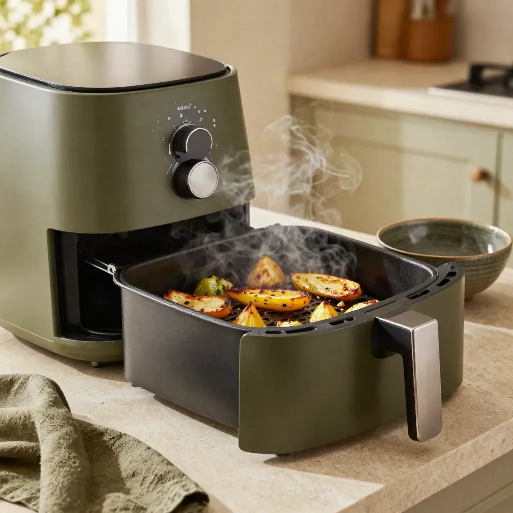 Steaming air fryer tray of golden vegetables with a waiting bowl on a stone kitchen counter.