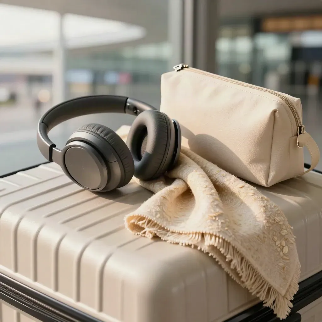 Noise-canceling headphones, scarf, and travel pouch on a carry-on lid in soft airport light.