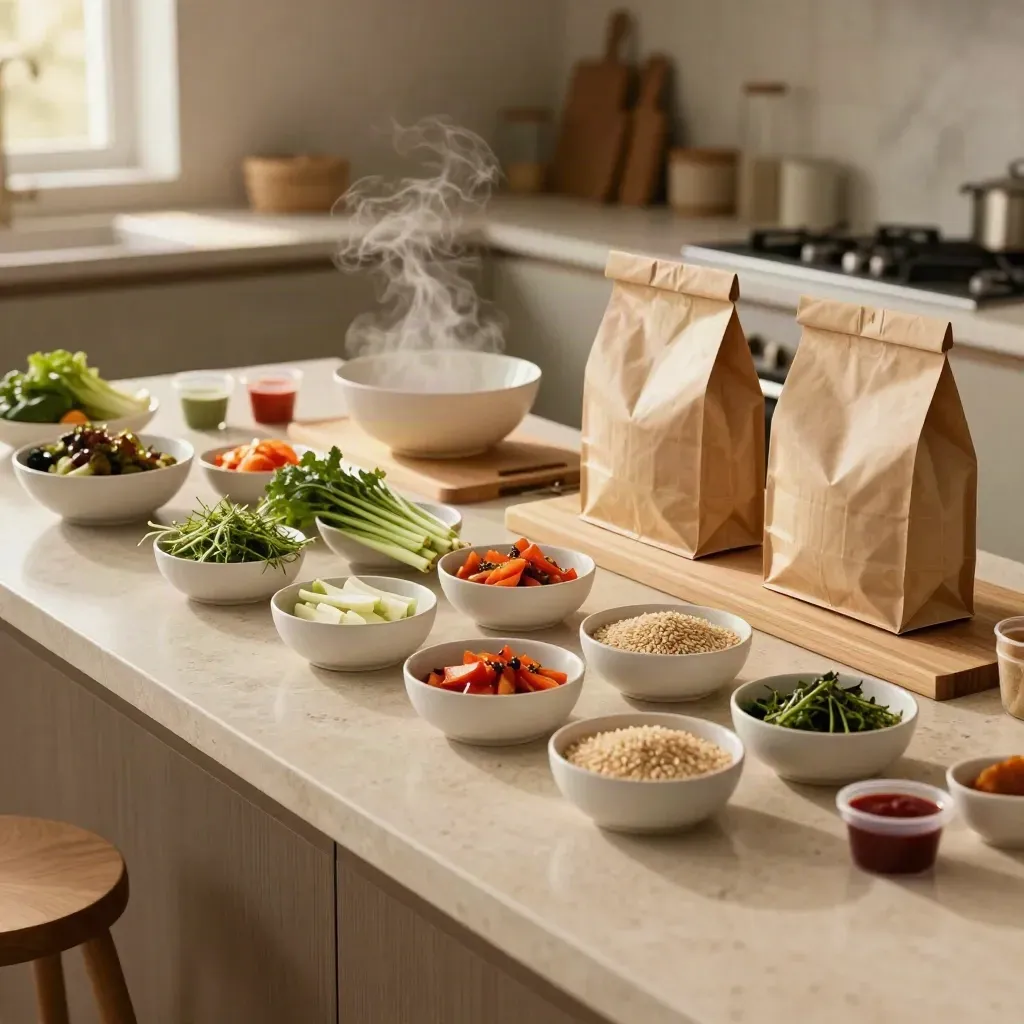 Meal-kit ingredients staged in bowls beside paper bags and a cutting board in a warm modern kitchen.