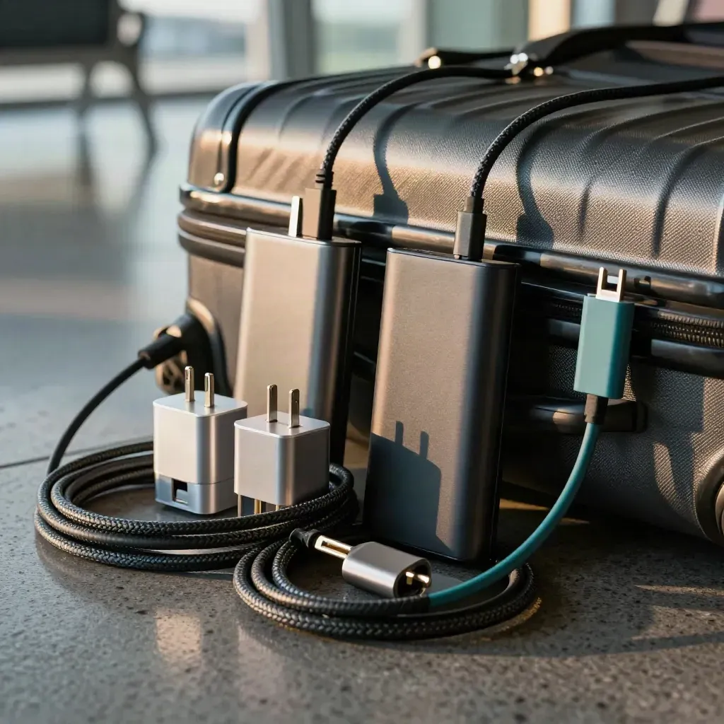 Travel chargers and power banks packed beside a hard-shell carry-on in a dim airport terminal.