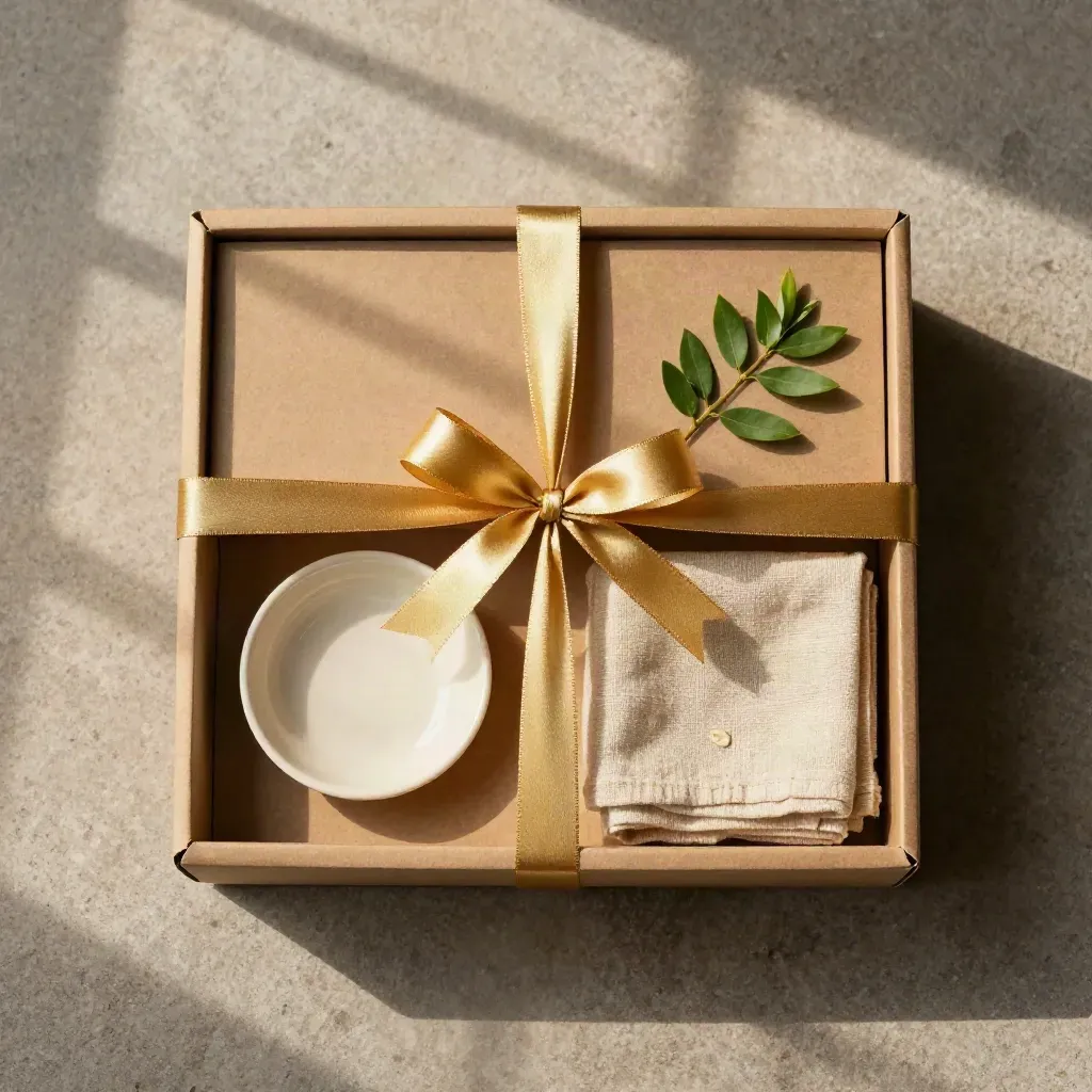 Overhead flatlay of a kraft gift box, ceramic dish, linen cloth, and sprig on warm stone