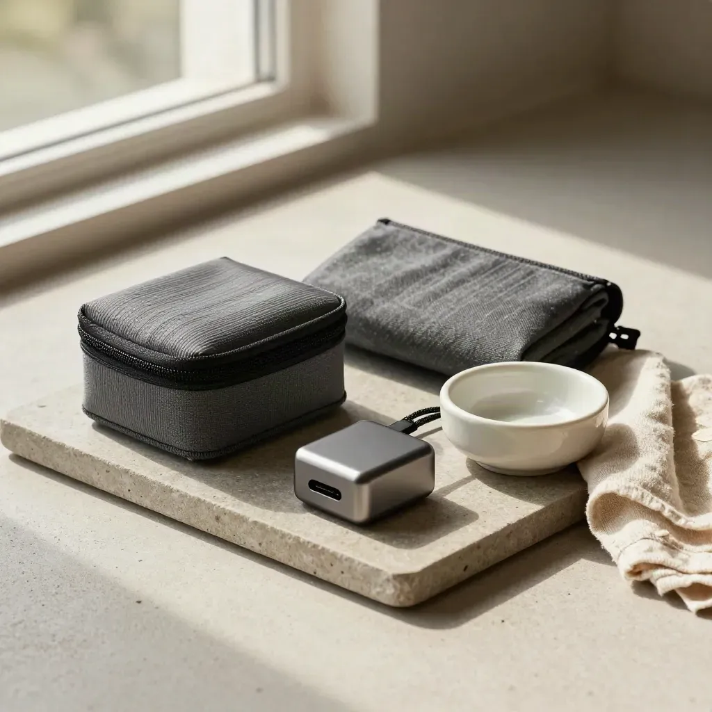 Travel gear still life with packing cube, pouch, charger block, and catchall on stone tray.