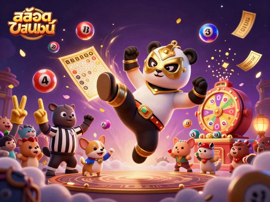 สนุกกับการเล่นสล็อตออนไลน์ในฉากการแข่งขันที่เหล่าเพนด้านักมวยทำท่าตื่นเต้น