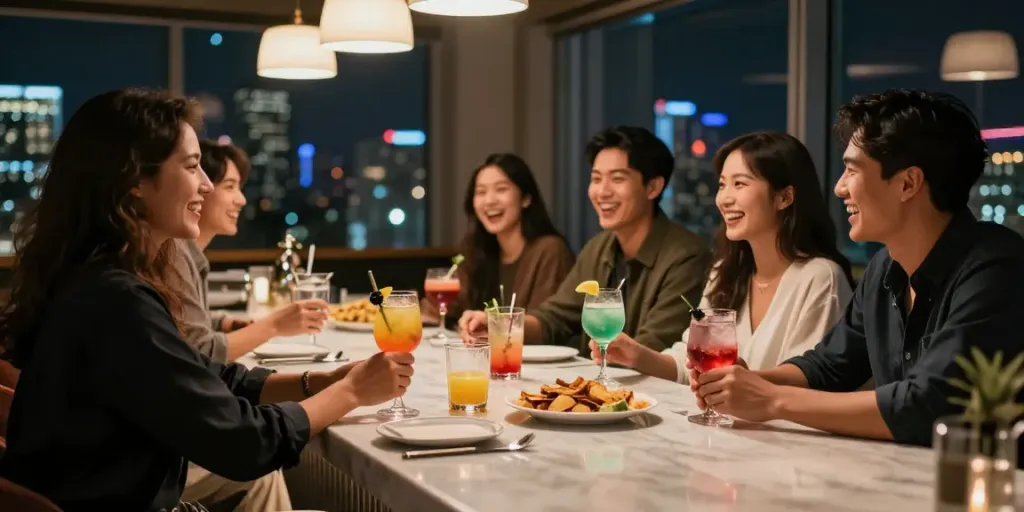강남 구구단에서 즐거운 시간을 보내는 친구들 모습, 현대적인 인테리어와 아늑한 조명.