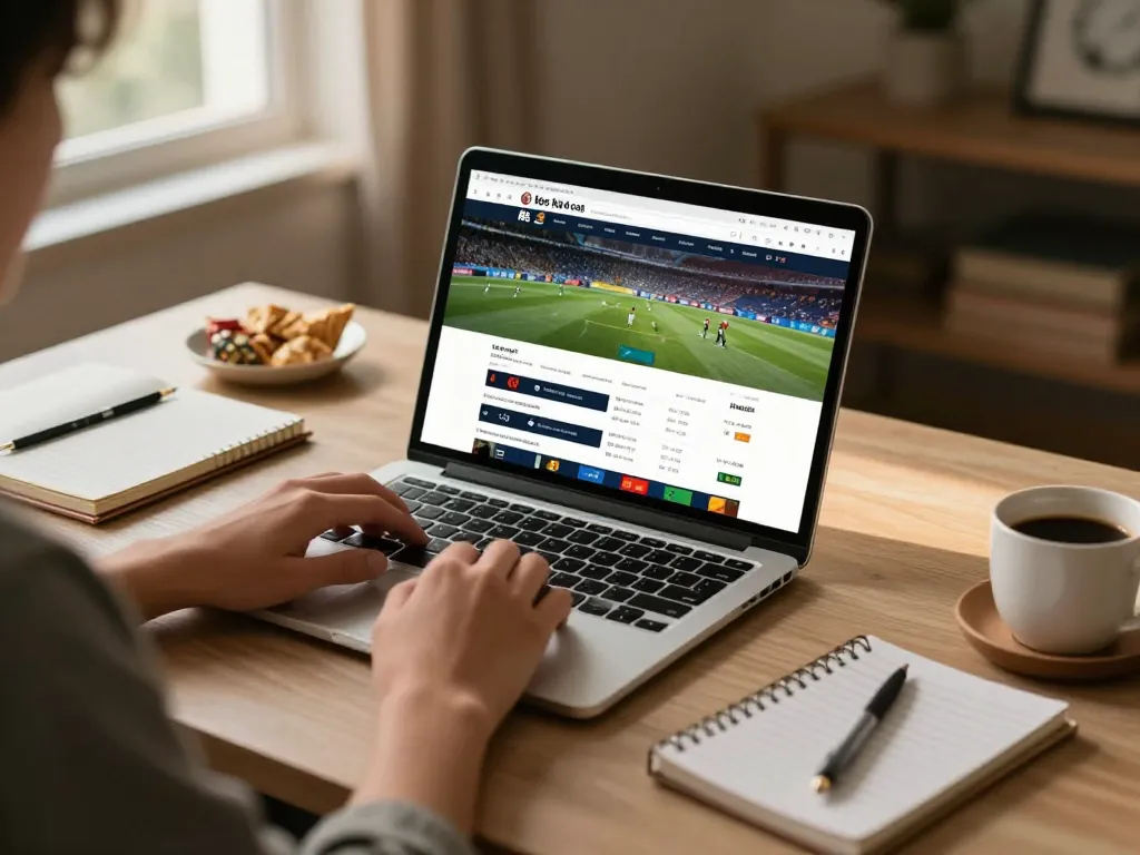 A user engaging with kèo nhà cái sports betting interface on a laptop, surrounded by strategic planning materials.