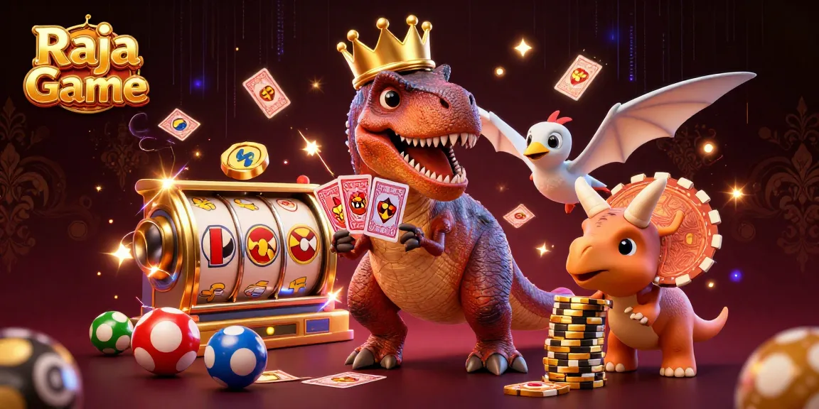 Play exciting games on Raja Game with T-Rex, pterodactyl, and triceratops in a vibrant casino scene.
