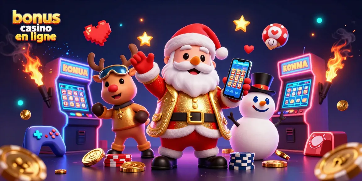 Jouez avec le bonus casino en ligne dans une illustration festive incluant le Père Noël et ses amis dans un casino coloré.