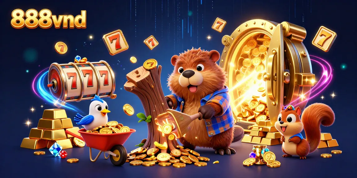 Experience the thrill of slots with 888vnd as cartoon characters collect gold coins in a casino scene.