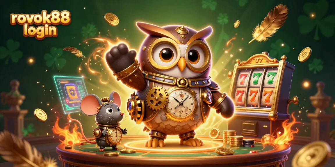 Experience the excitement of rokok88 login with a vibrant gaming scene featuring steampunk owl and casino elements.