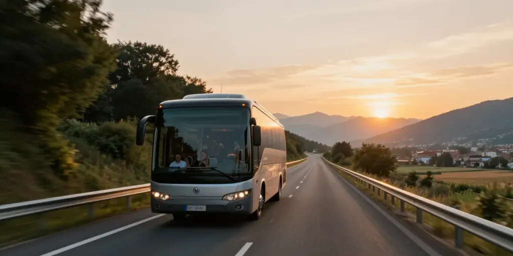 Transport internațional din Moldova cu autobuze moderne pe drumurile Europei, pline de pasageri.