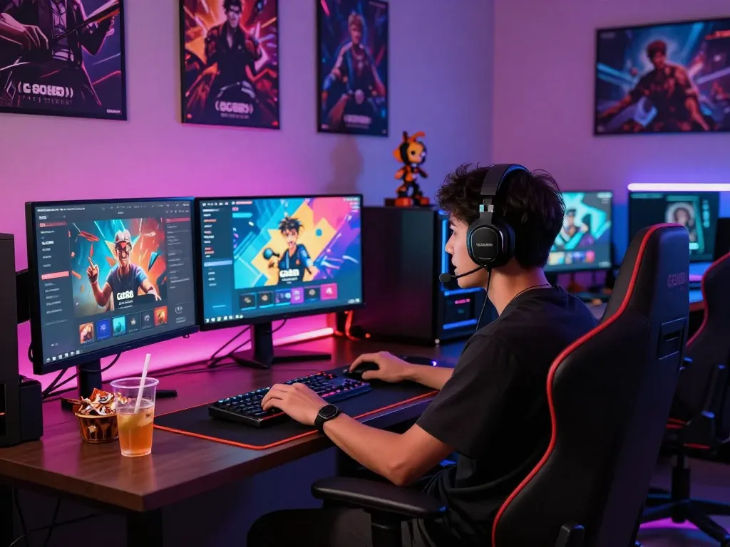 Gamer enjoying Go88 games at a vibrant gaming setup with colorful screens and immersive atmosphere.