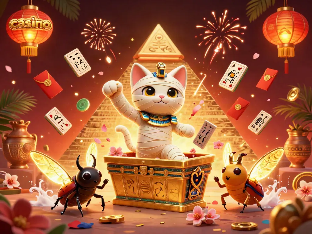 Experience thrilling casino action with a mummy cat and glowing scarab in a vibrant scene.