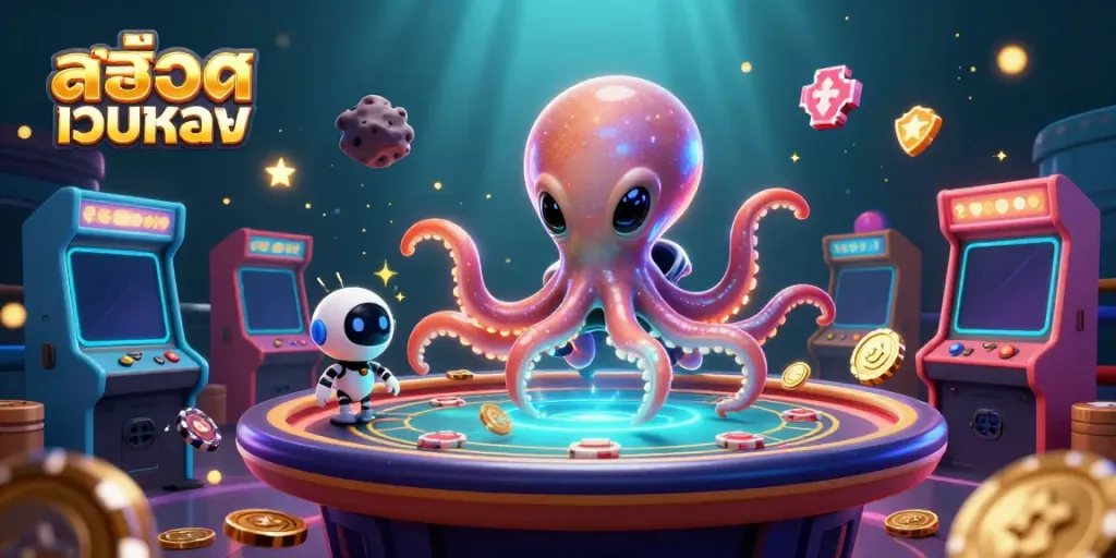 Explore สล็อตเว็บตรง with an exciting 3D illustration of an alien octopus at a holographic poker table.
