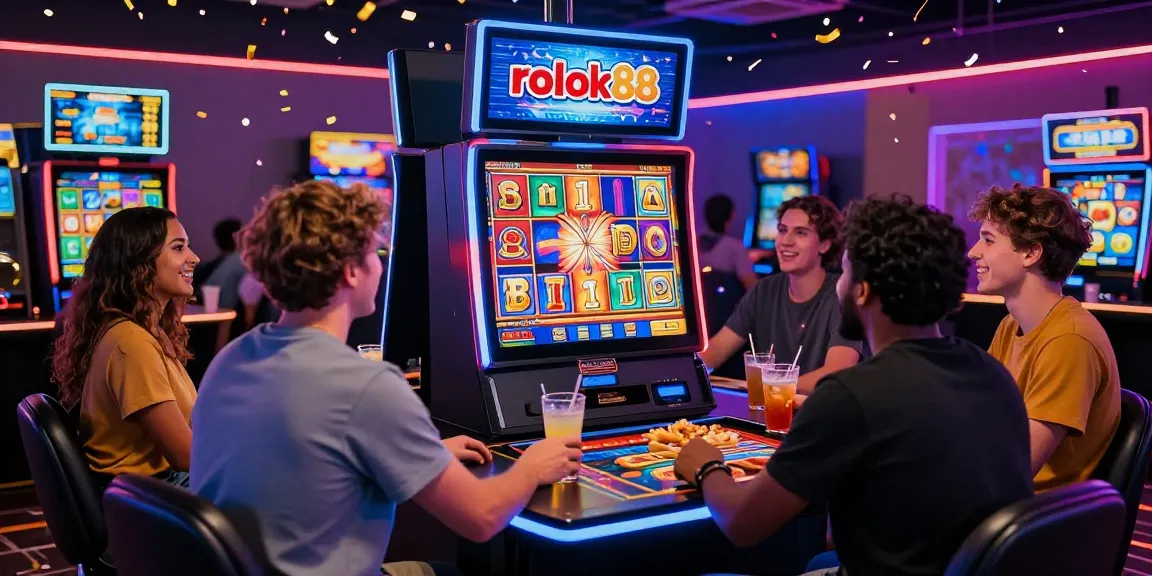 Exciting gaming atmosphere at a vibrant rokok88 slot machine, showcasing enthusiastic players enjoying a lively casino night.