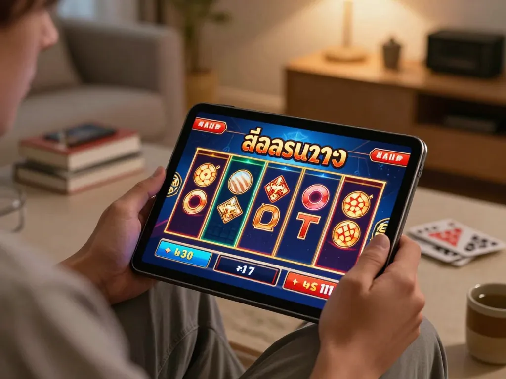 Engaging moment playing สล็อตทดลอง on a tablet in a cozy home setup, emphasizing online gaming excitement.