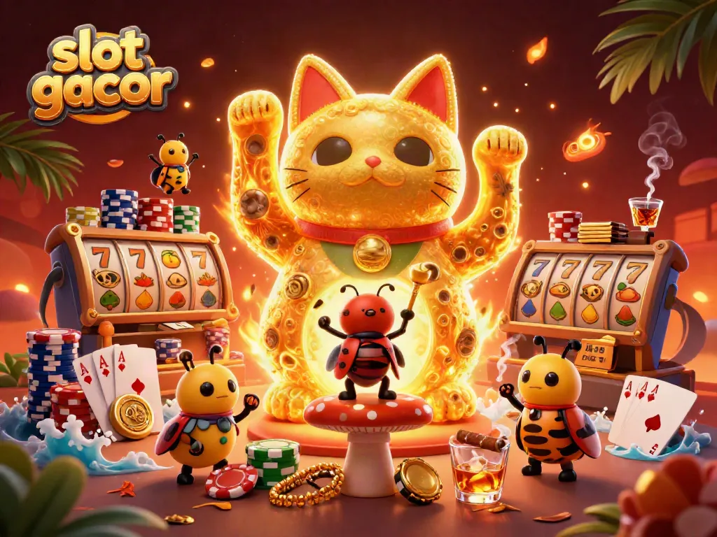 Visualisasikan keseruan bermain slot gacor dengan karakter kucing keberuntungan dikelilingi simbol-simbol versi kasino.