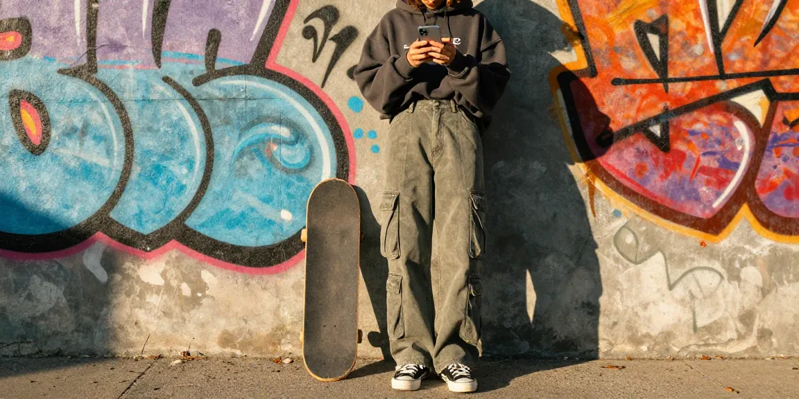 Stylish urban individual in trendy streetwear engaging with shs-dome5.com on smartphone, showcasing vibrant city life.