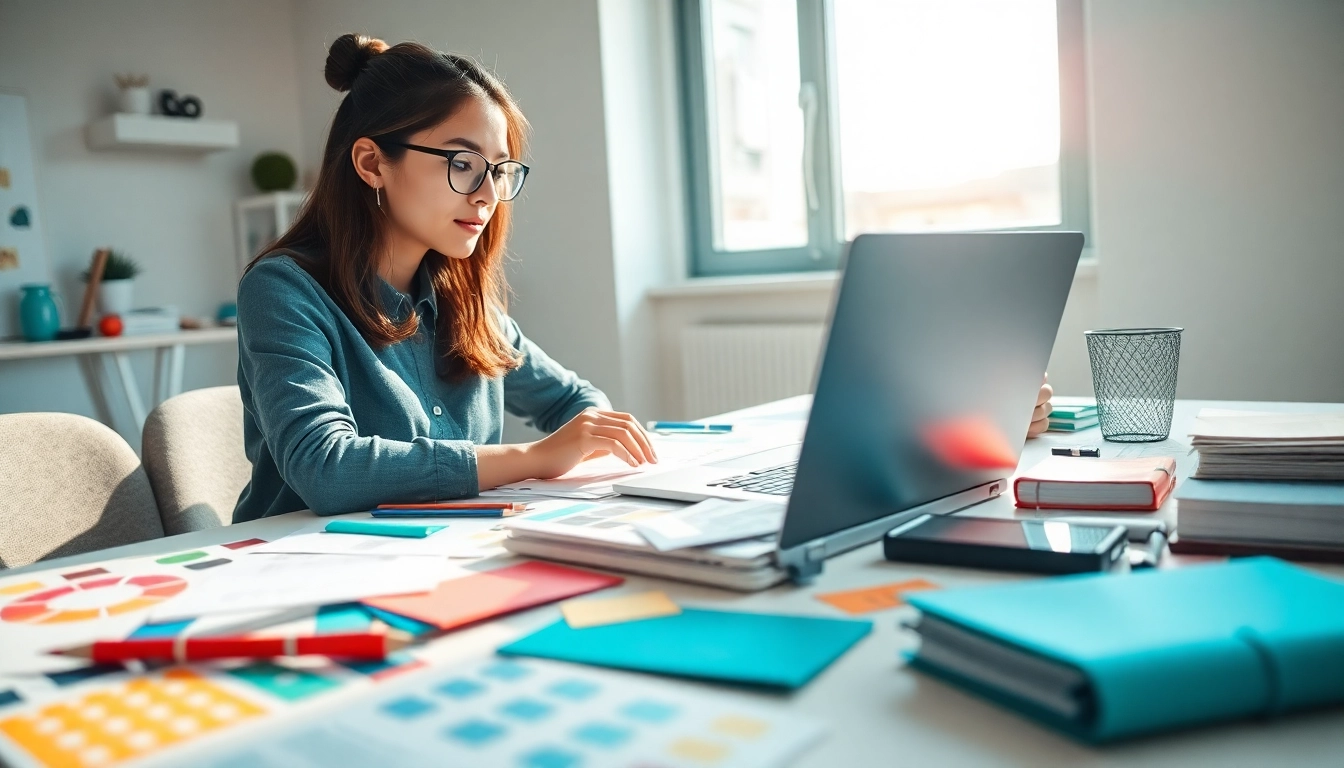 Innovative graphic designer working diligently at https://bestdesignersintheworld.com/ surrounded by vibrant materials.