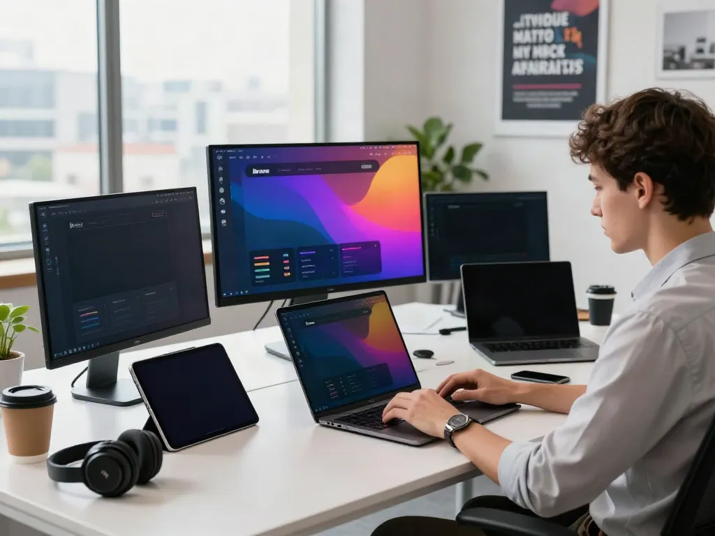 Youthful professional exploring the Brave browser in a modern workspace.