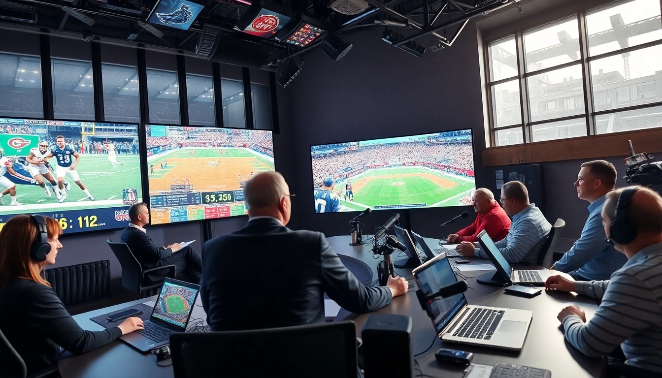 Engaging sports broadcasting scene with commentators, showcasing Sports Broadcasting dynamics.