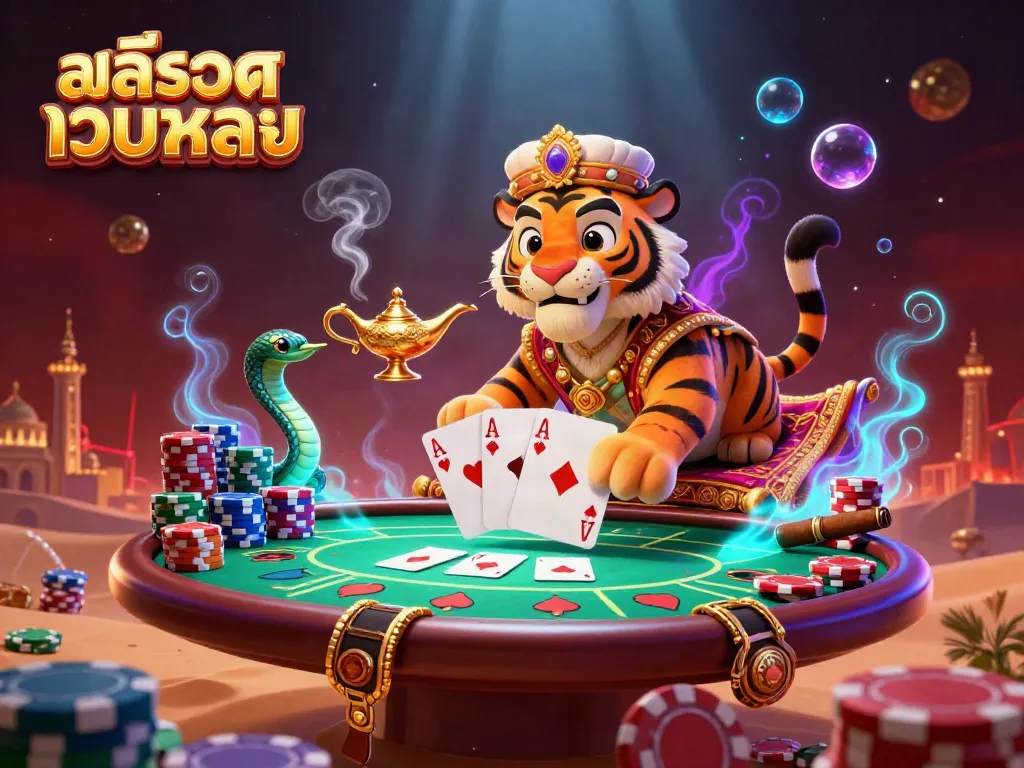 Engage with สล็อตเว็บตรง in a vibrant 3D illustration featuring a tiger sultan on a magical poker carpet.