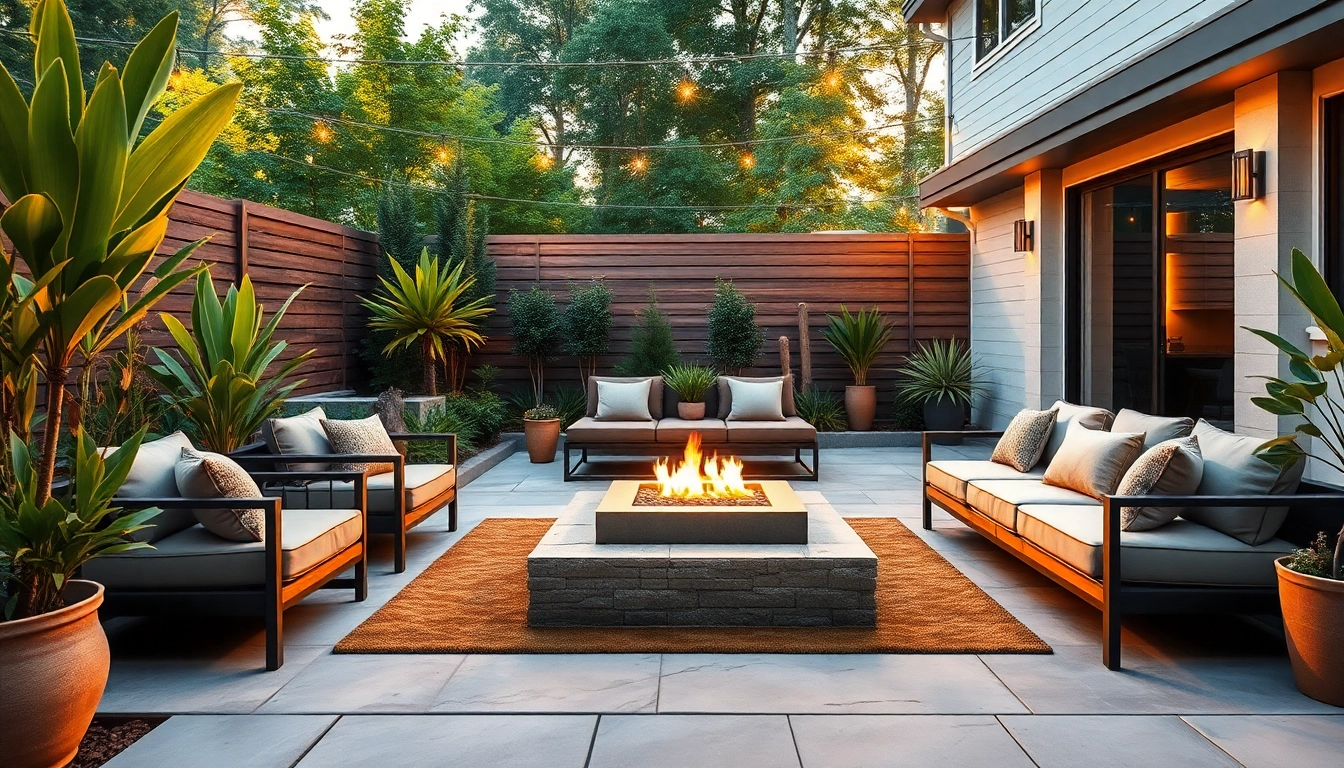 Enjoy Wellesley Outdoor Living in a serene backyard with modern furniture and vibrant plants.