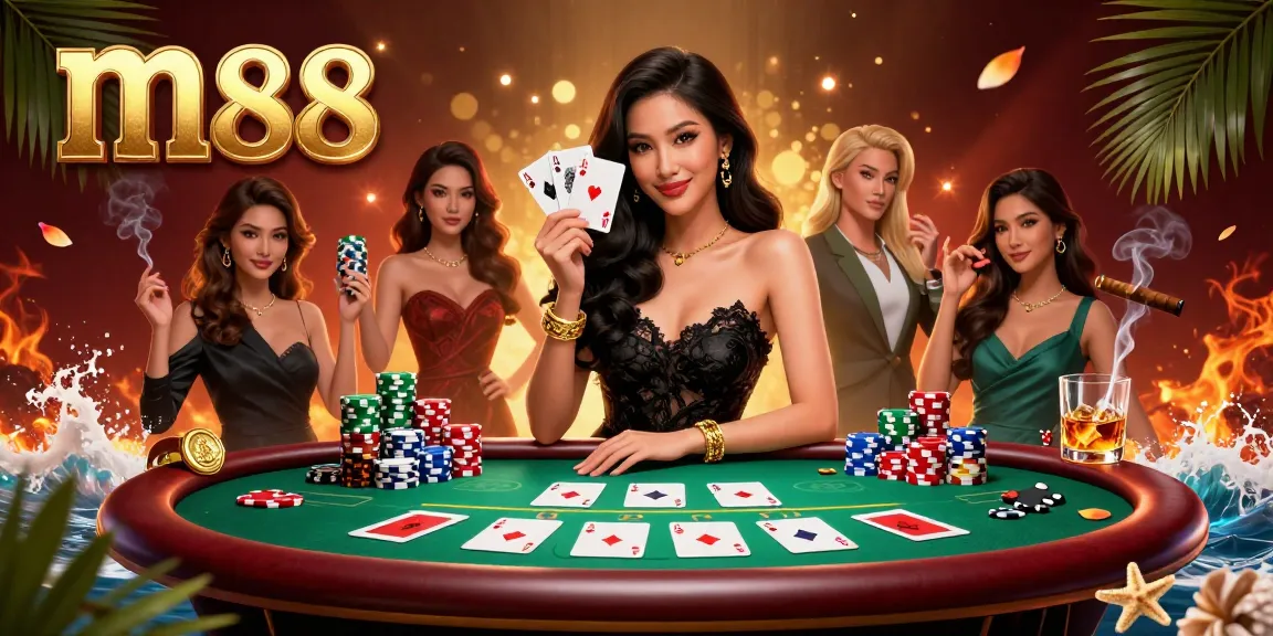 Experience the excitement of m88 casino games with an elegant woman holding ace cards in a vibrant setting.