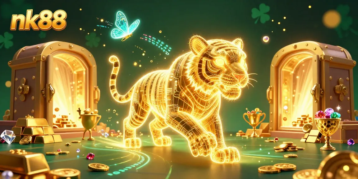 Experience thrilling gameplay with nk88 as a golden tiger roams a vibrant casino landscape.