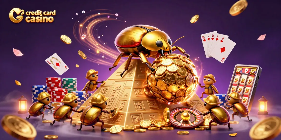 Experience the thrill of a credit card casino with golden beetles and lively gaming elements.