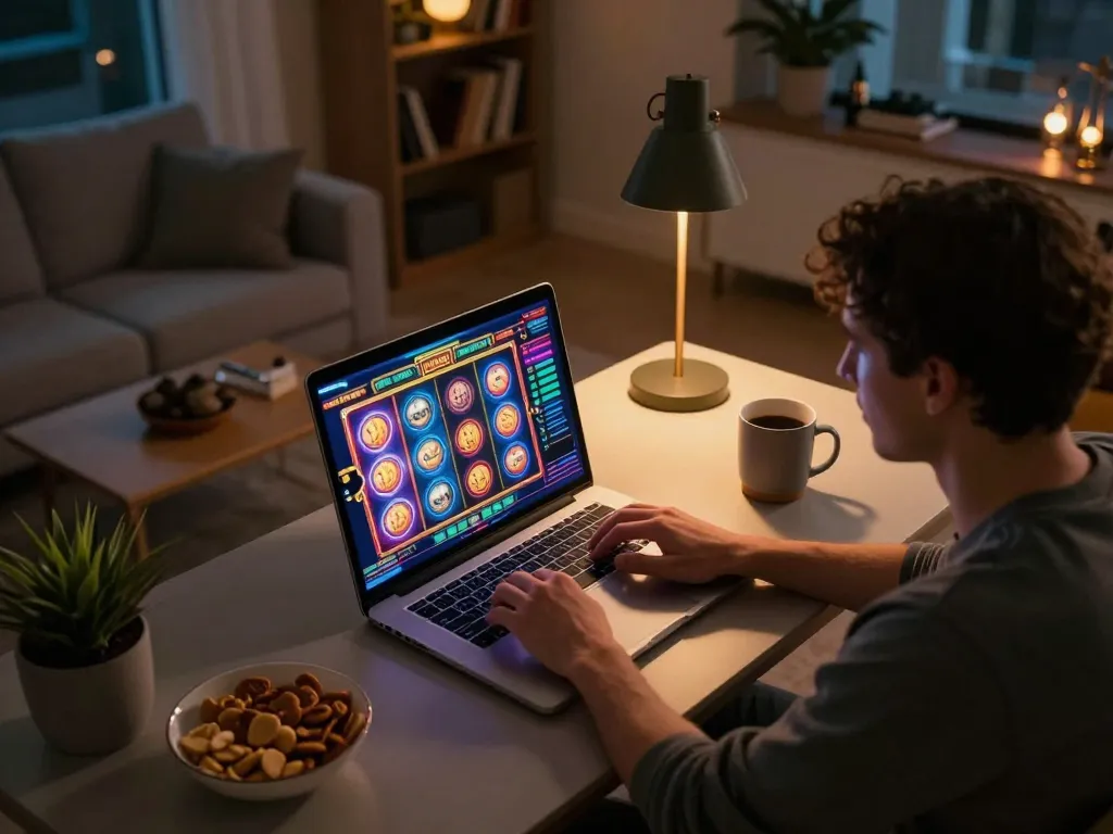 Player enjoying online slots at 888top in a cozy home setup with vibrant visuals